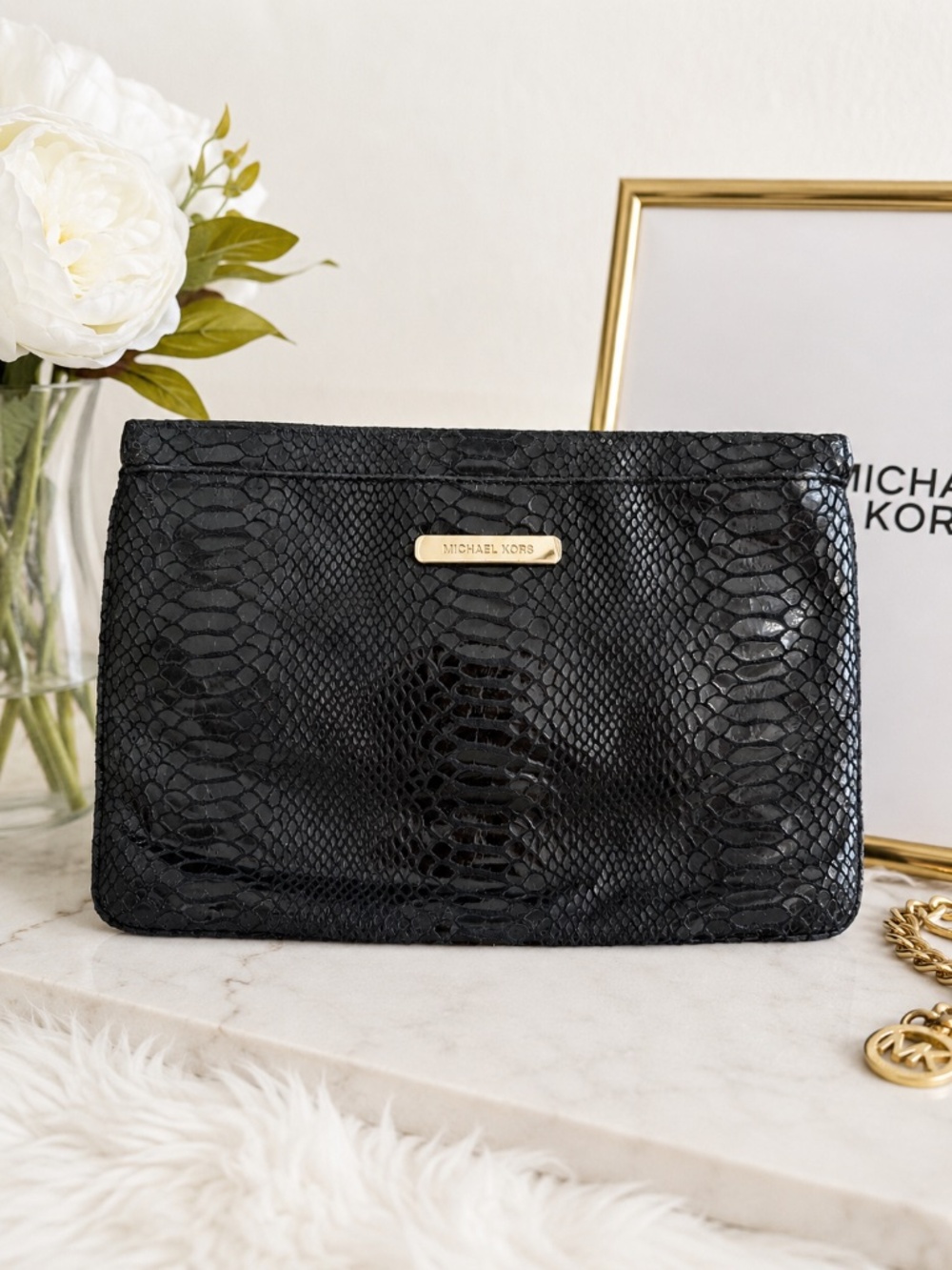 Michael Kors Black Snakeskin Embossed Envelope Clutch Gold Hardware